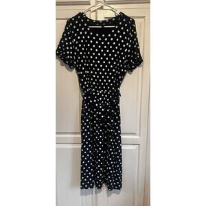J Jill Wearever Size Large Polkadot Midi Dress Classic Belted Button Blue